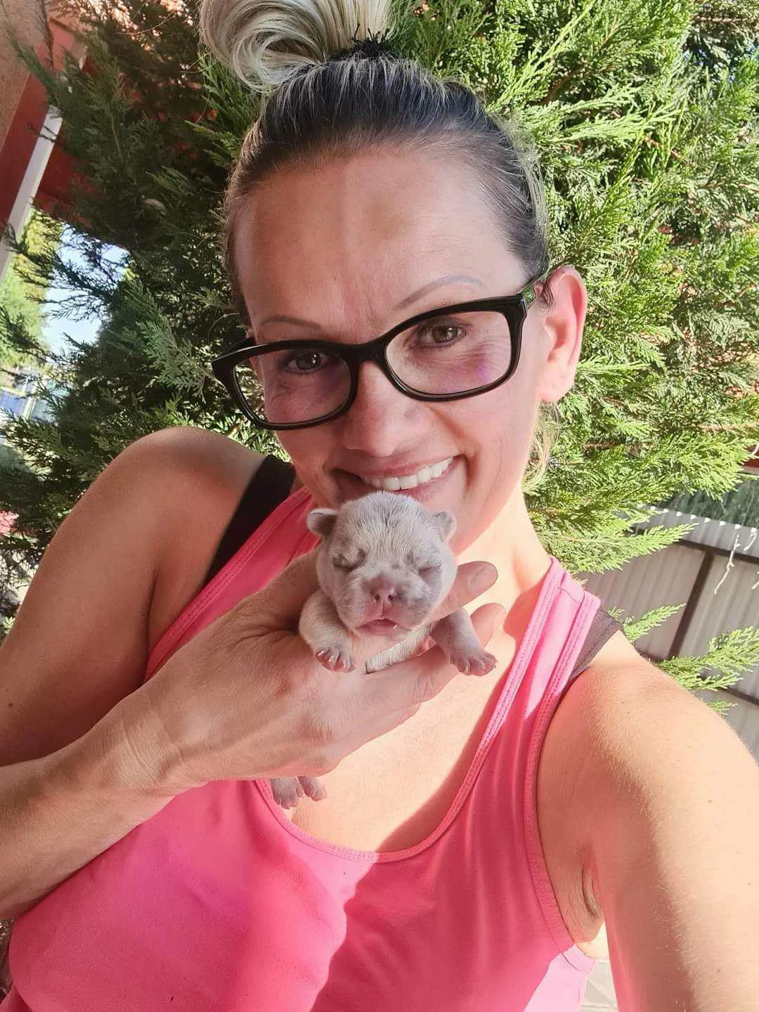 Katalin with a French puppy